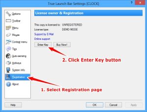 Select the "Registration" page (at the left side) and click the "Enter Key" button